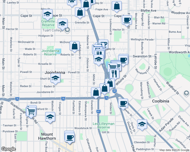 map of restaurants, bars, coffee shops, grocery stores, and more near 16 Millet Street in Joondanna