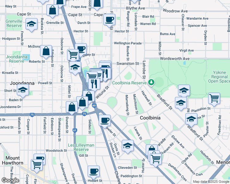 map of restaurants, bars, coffee shops, grocery stores, and more near 5 Cranbrook Street in Coolbinia