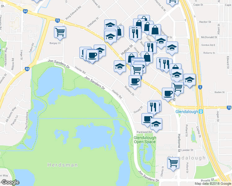 map of restaurants, bars, coffee shops, grocery stores, and more near Hasler Road in Osborne Park