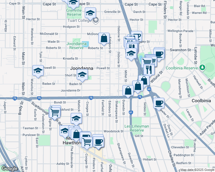 map of restaurants, bars, coffee shops, grocery stores, and more near 143 Edinboro Street in Joondanna