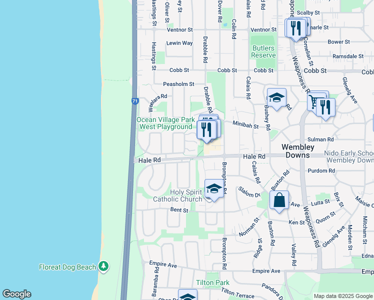 map of restaurants, bars, coffee shops, grocery stores, and more near 4 Perina Way in City Beach