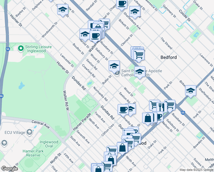 map of restaurants, bars, coffee shops, grocery stores, and more near 300 Crawford Road in Inglewood
