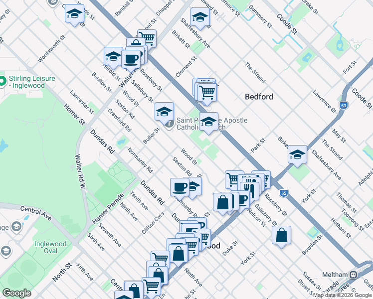 map of restaurants, bars, coffee shops, grocery stores, and more near 71 Wood Street in Inglewood