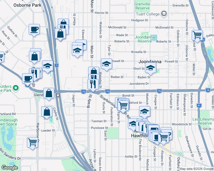 map of restaurants, bars, coffee shops, grocery stores, and more near 7 Tyler Street in Joondanna