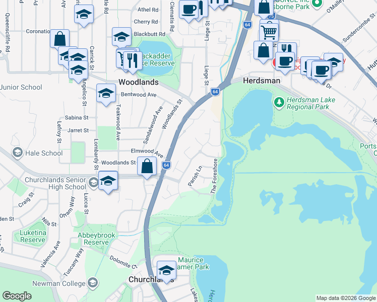 map of restaurants, bars, coffee shops, grocery stores, and more near 10 Moline Court in Churchlands