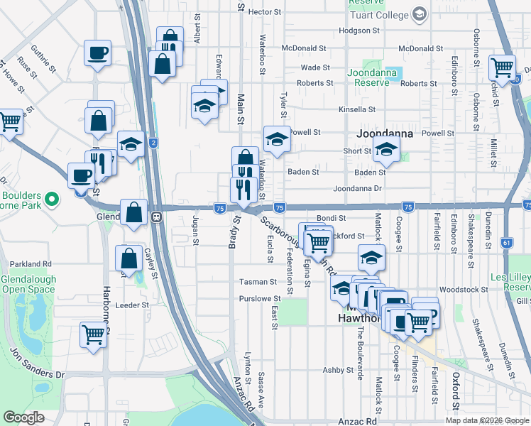 map of restaurants, bars, coffee shops, grocery stores, and more near 82 Bondi Street in Mount Hawthorn