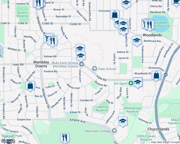 map of restaurants, bars, coffee shops, grocery stores, and more near 173 Hale Road in Wembley Downs