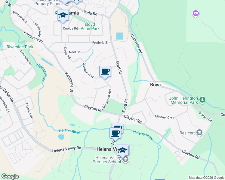 map of restaurants, bars, coffee shops, grocery stores, and more near 29A Glenwood Avenue in Helena Valley