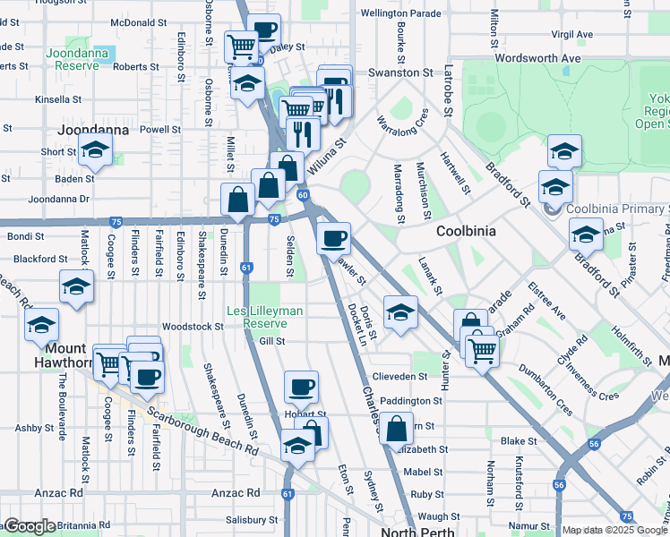 map of restaurants, bars, coffee shops, grocery stores, and more near 528 Charles Street in North Perth