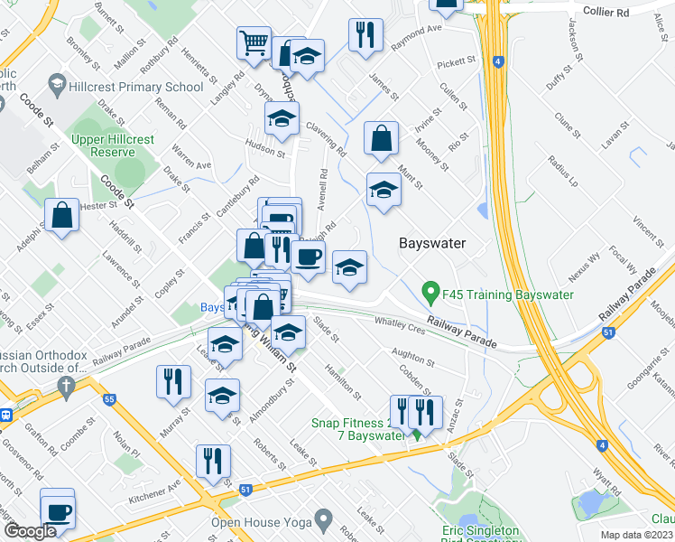 map of restaurants, bars, coffee shops, grocery stores, and more near Winifred Road in Bayswater