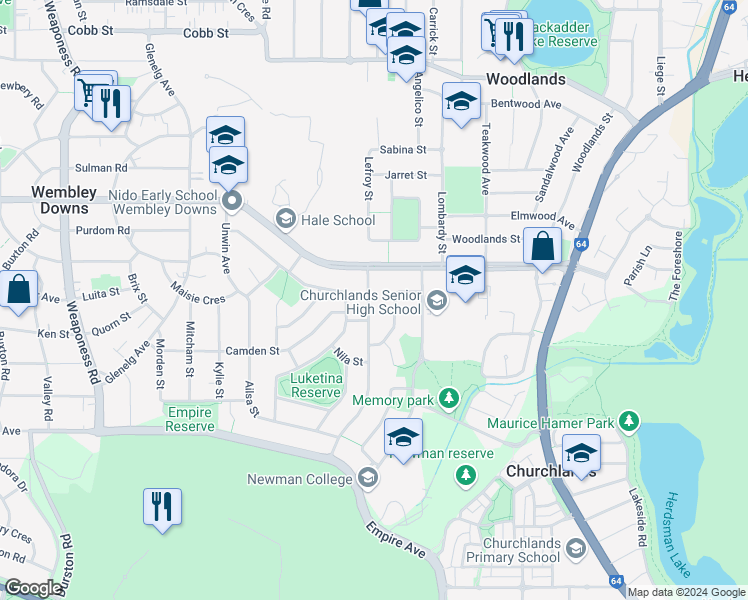 map of restaurants, bars, coffee shops, grocery stores, and more near 12 Valencia Avenue in Churchlands
