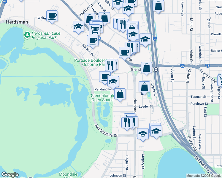 map of restaurants, bars, coffee shops, grocery stores, and more near Parkland Road in Osborne Park