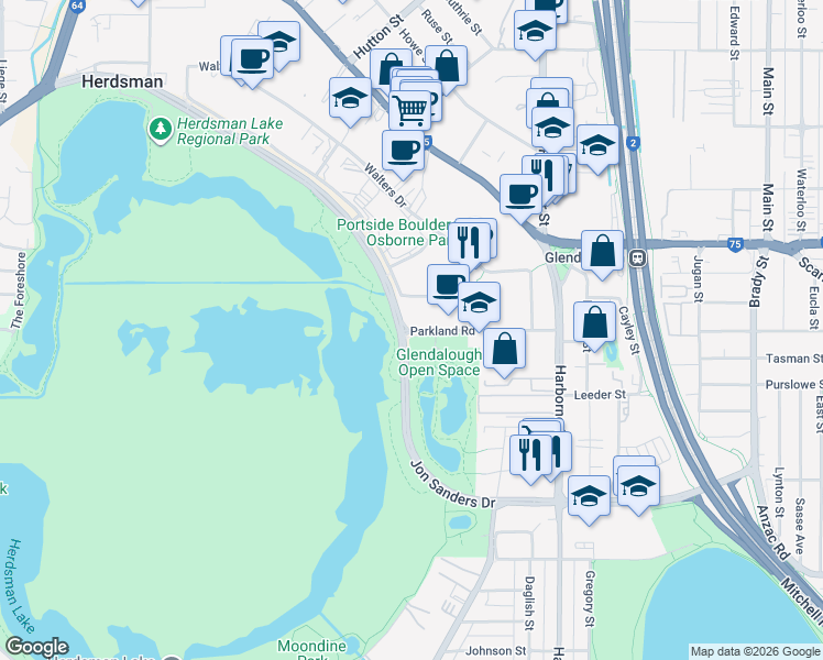 map of restaurants, bars, coffee shops, grocery stores, and more near Parkland Road in Osborne Park