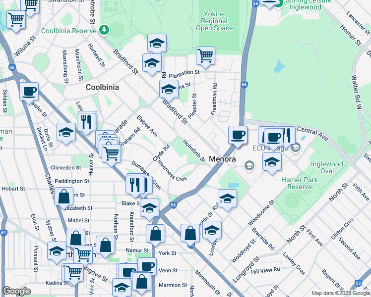 map of restaurants, bars, coffee shops, grocery stores, and more near 40 Inverness Crescent in Menora