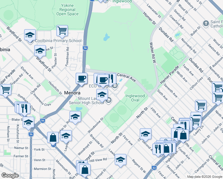 map of restaurants, bars, coffee shops, grocery stores, and more near 2 Bradford Street in Mount Lawley