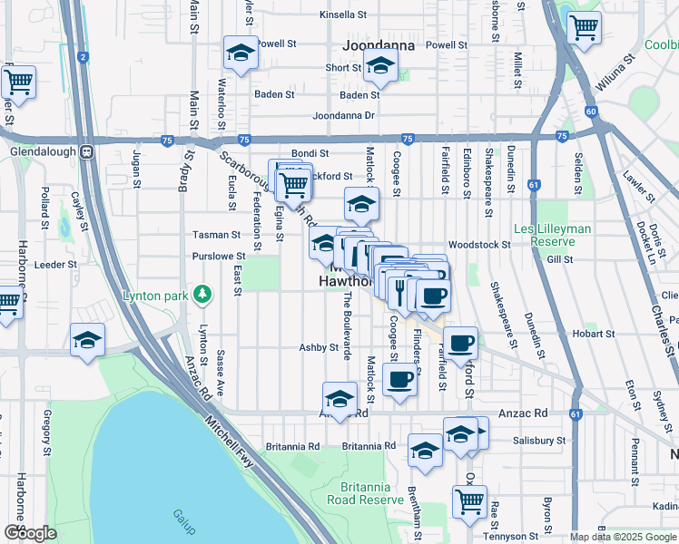 map of restaurants, bars, coffee shops, grocery stores, and more near 197 Scarborough Beach Road in Mount Hawthorn
