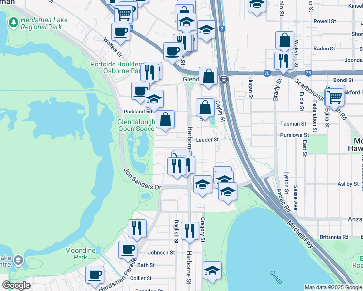 map of restaurants, bars, coffee shops, grocery stores, and more near 303 Harborne Street in Glendalough