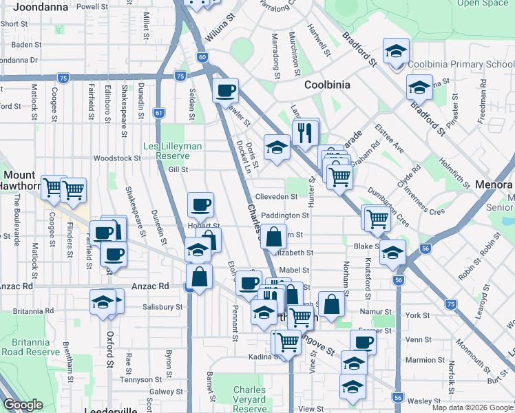map of restaurants, bars, coffee shops, grocery stores, and more near 442 Charles Street in North Perth