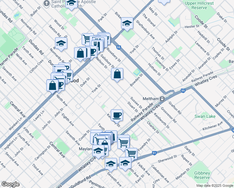 map of restaurants, bars, coffee shops, grocery stores, and more near 53 Stuart Street in Maylands