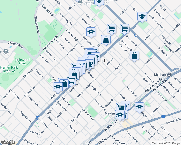 map of restaurants, bars, coffee shops, grocery stores, and more near 170 Ninth Avenue in Inglewood