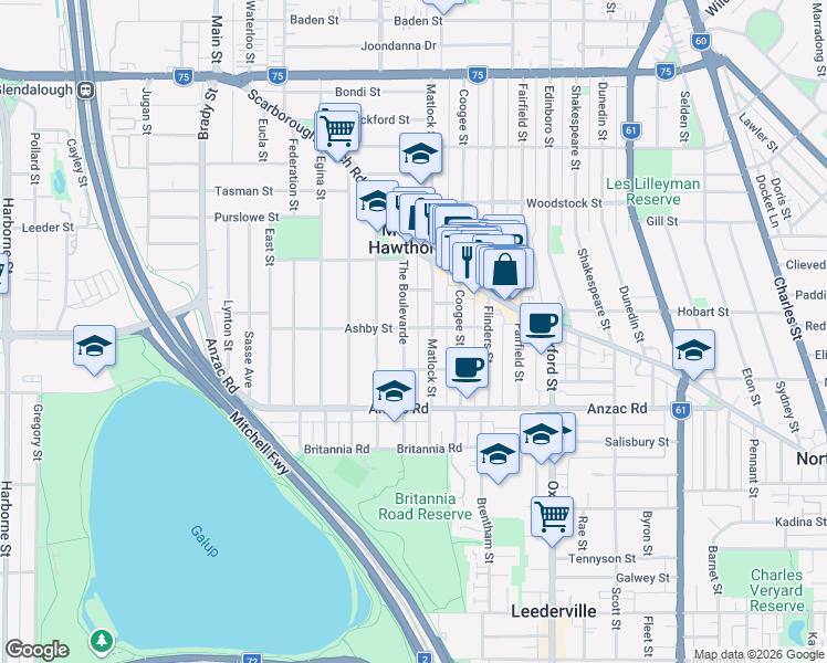 map of restaurants, bars, coffee shops, grocery stores, and more near 50 The Boulevarde in Mount Hawthorn