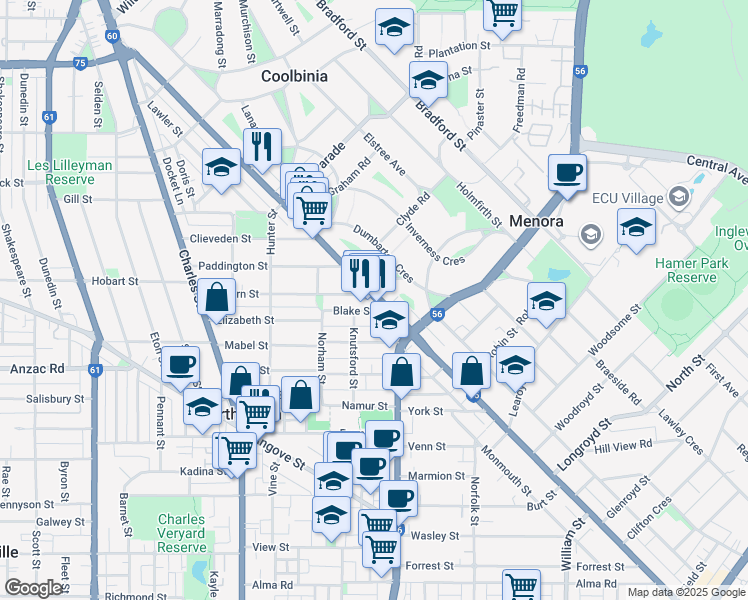map of restaurants, bars, coffee shops, grocery stores, and more near 265 Walcott Street in North Perth