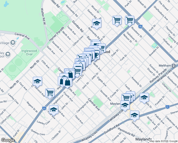 map of restaurants, bars, coffee shops, grocery stores, and more near 179A Eighth Avenue in Inglewood