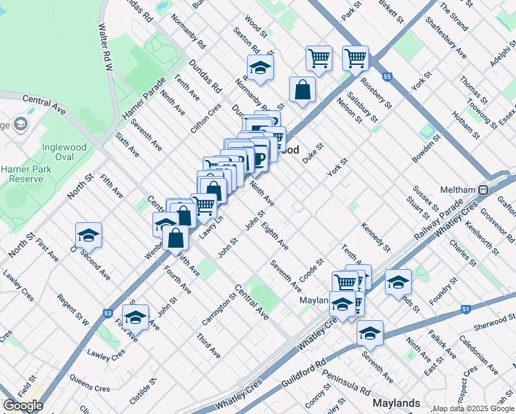 map of restaurants, bars, coffee shops, grocery stores, and more near 168 Eighth Avenue in Inglewood