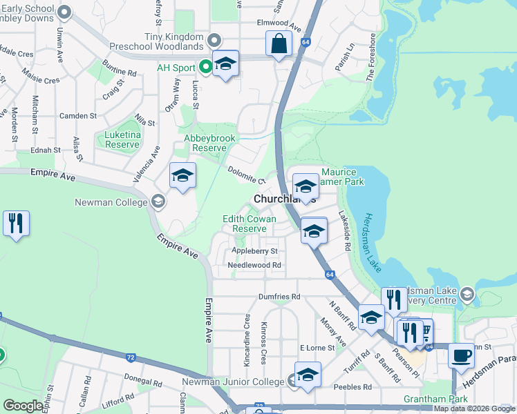 map of restaurants, bars, coffee shops, grocery stores, and more near 16 Alumni Terrace in Churchlands