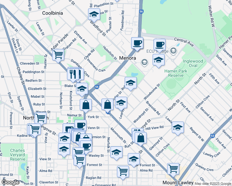 map of restaurants, bars, coffee shops, grocery stores, and more near 8 Robin Street in Menora