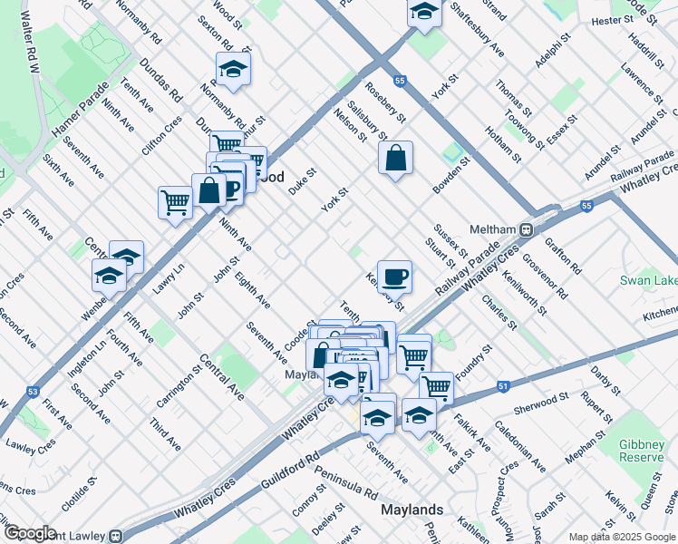 map of restaurants, bars, coffee shops, grocery stores, and more near 36 Tenth Avenue in Maylands