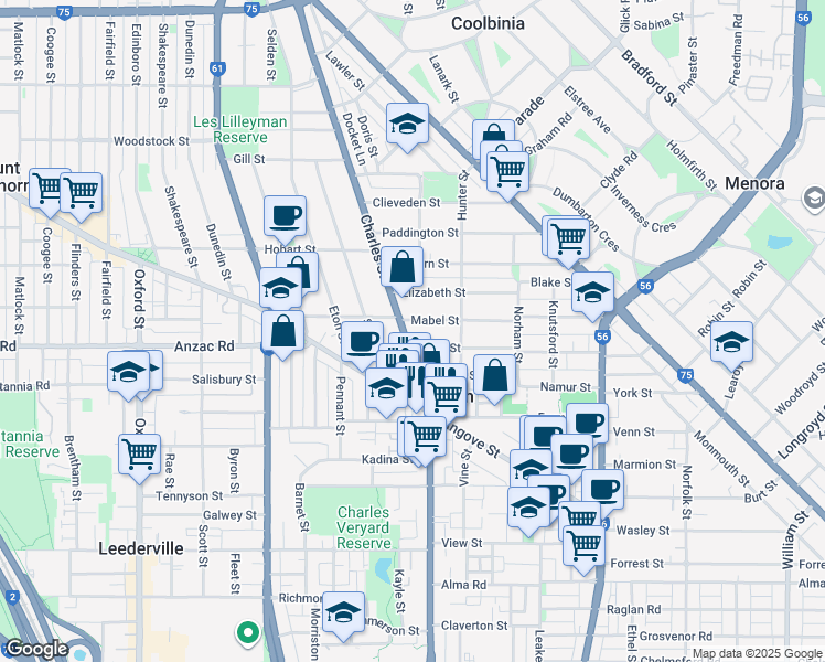 map of restaurants, bars, coffee shops, grocery stores, and more near 392 Charles Street in North Perth