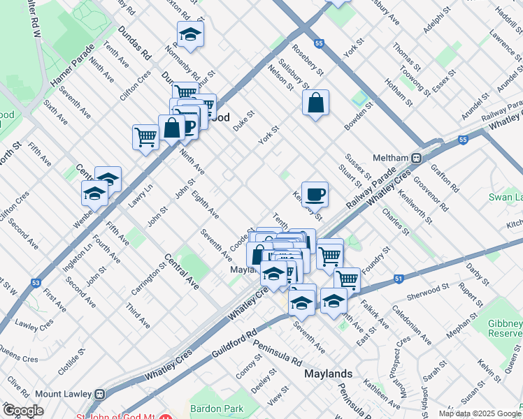 map of restaurants, bars, coffee shops, grocery stores, and more near 29 Tenth Avenue in Maylands