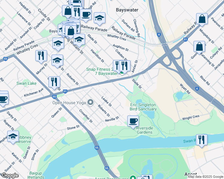 map of restaurants, bars, coffee shops, grocery stores, and more near 104 King William Street in Bayswater