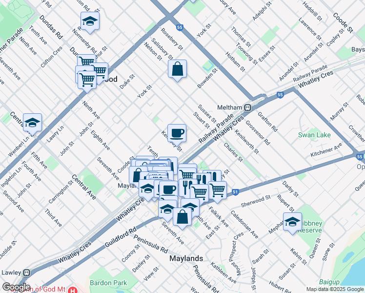 map of restaurants, bars, coffee shops, grocery stores, and more near 2 Kennedy Street in Maylands