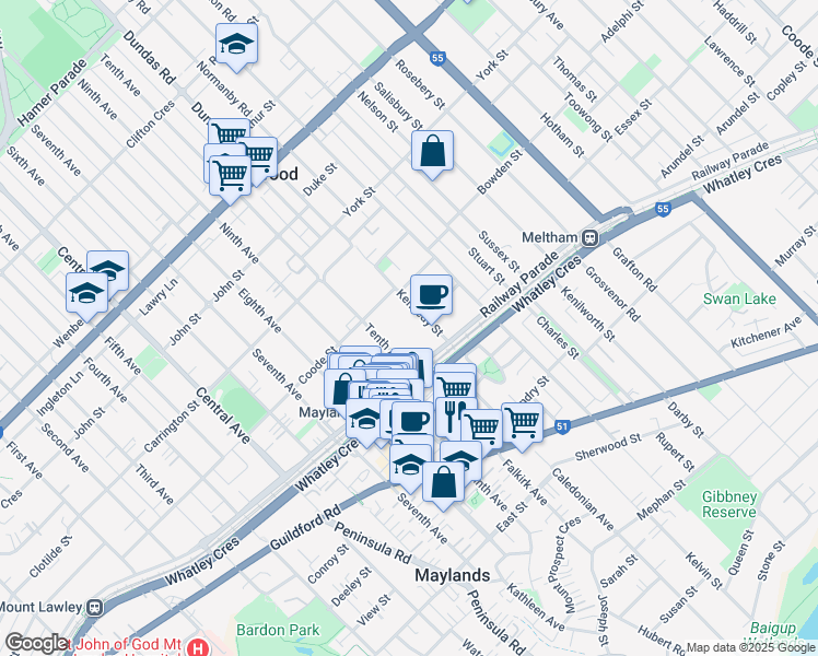 map of restaurants, bars, coffee shops, grocery stores, and more near 8 Tenth Avenue in Maylands