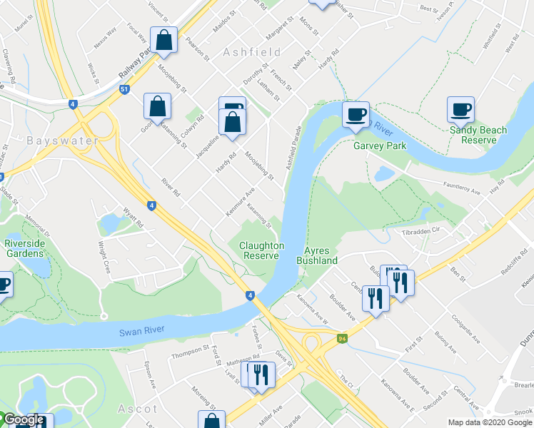 map of restaurants, bars, coffee shops, grocery stores, and more near 83 Katanning Street in Bayswater