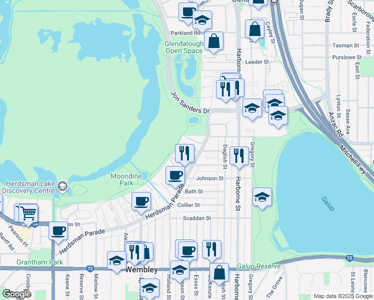 map of restaurants, bars, coffee shops, grocery stores, and more near 19 Herdsman Parade in Wembley