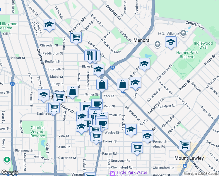 map of restaurants, bars, coffee shops, grocery stores, and more near 3 Russell Avenue in North Perth