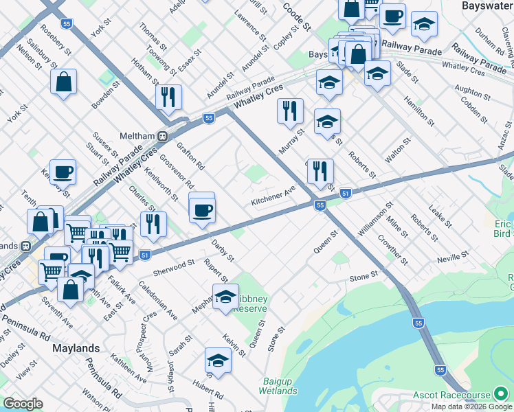 map of restaurants, bars, coffee shops, grocery stores, and more near 47 Kitchener Avenue in Bayswater