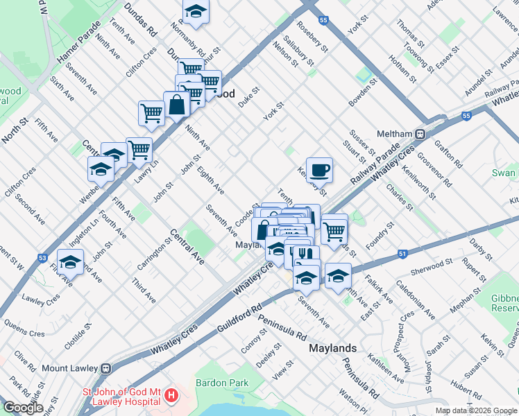 map of restaurants, bars, coffee shops, grocery stores, and more near 88 Coode Street in Maylands