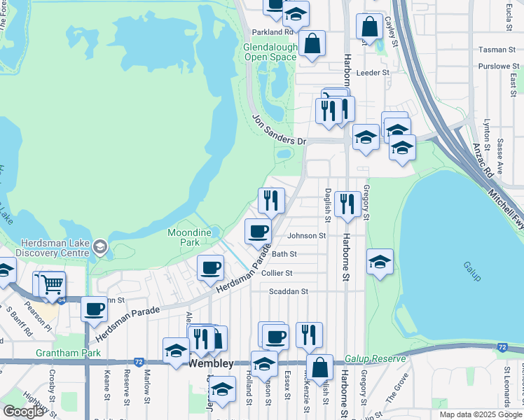 map of restaurants, bars, coffee shops, grocery stores, and more near 64 Moondine Drive in Wembley