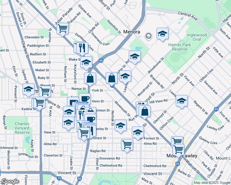 map of restaurants, bars, coffee shops, grocery stores, and more near 209 Walcott Street in North Perth