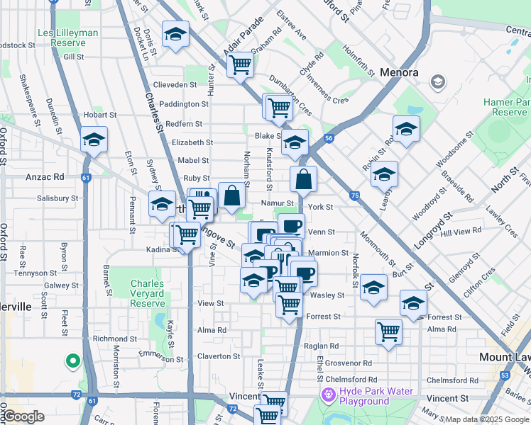 map of restaurants, bars, coffee shops, grocery stores, and more near 10A Farmer Street in North Perth