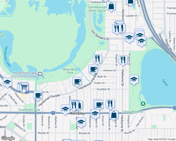 map of restaurants, bars, coffee shops, grocery stores, and more near 49 Herdsman Parade in Wembley