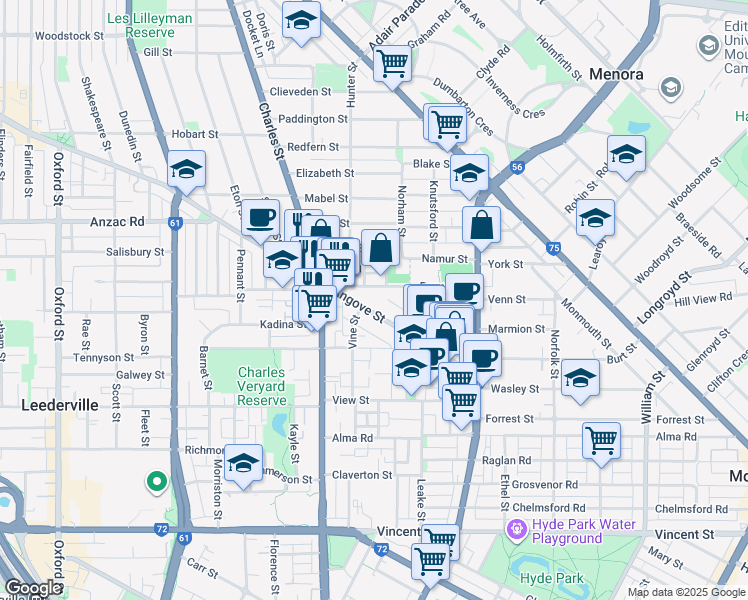 map of restaurants, bars, coffee shops, grocery stores, and more near 102 Angove Street in North Perth