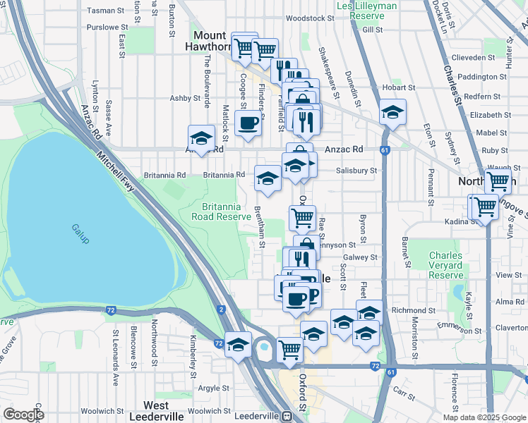 map of restaurants, bars, coffee shops, grocery stores, and more near 18 Brentham Street in Leederville