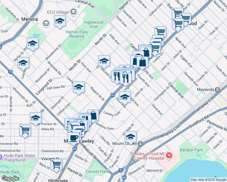 map of restaurants, bars, coffee shops, grocery stores, and more near 64 First Avenue in Mount Lawley