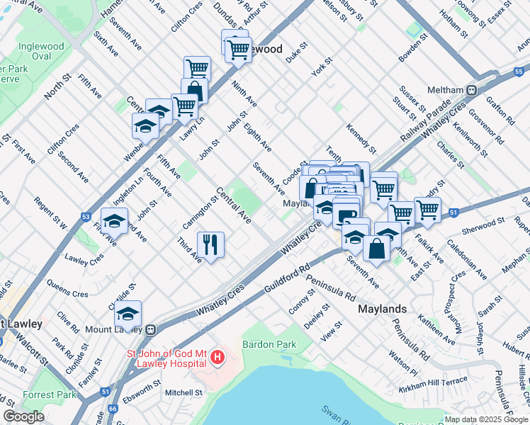 map of restaurants, bars, coffee shops, grocery stores, and more near 75 Sixth Avenue in Maylands