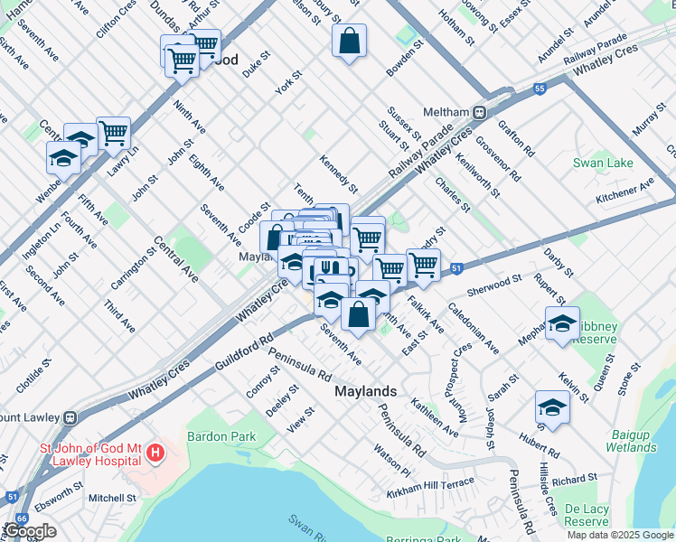 map of restaurants, bars, coffee shops, grocery stores, and more near 49 Ninth Avenue in Maylands